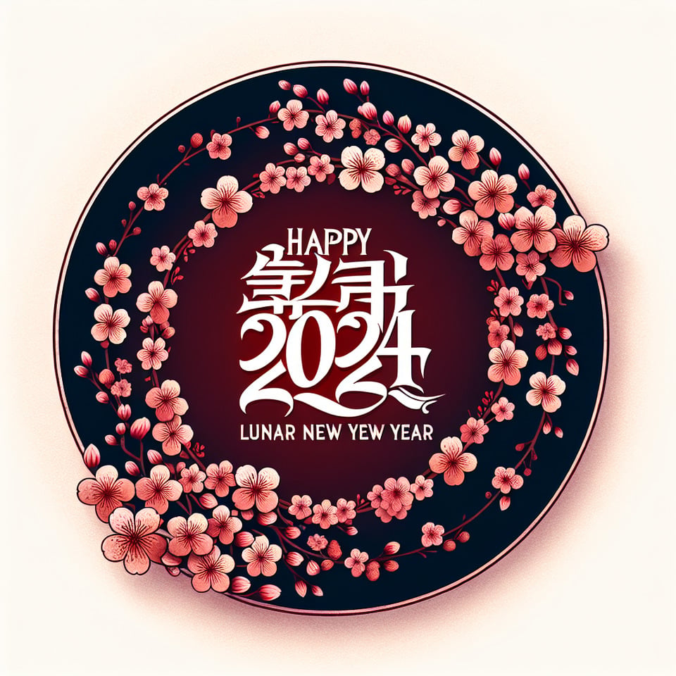 Text Happy Lunar New Year 2024 inside a cherry blossom wreath text effect image