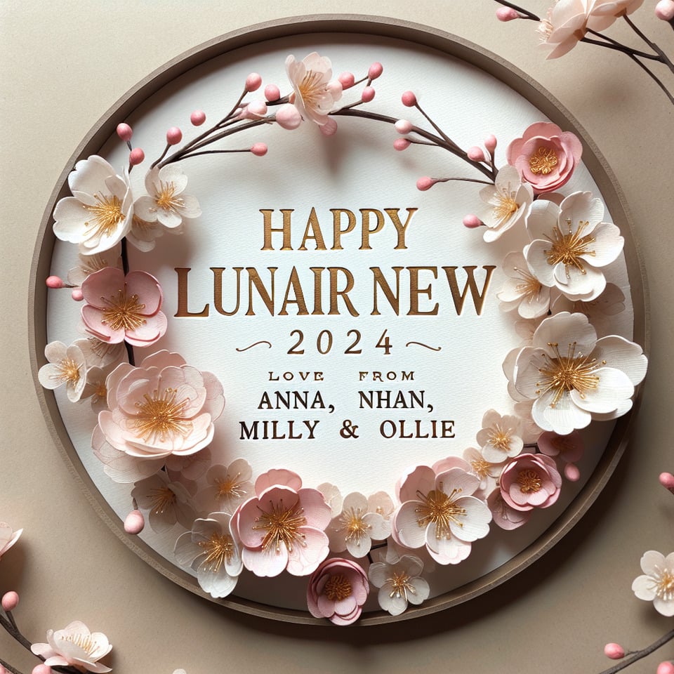 Text Happy Lunar New Year 2024 Love from AnnaNhanMilly & Ollie inside a cherry blossom wreath pastel colour text effect image