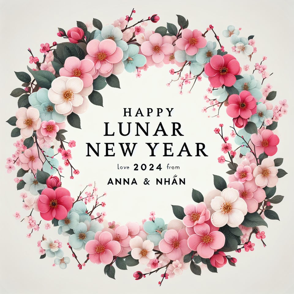 Text Happy Lunar New Year 2024 Love from Anna & Nhan inside a cherry blossom wreath pastel colour text effect image