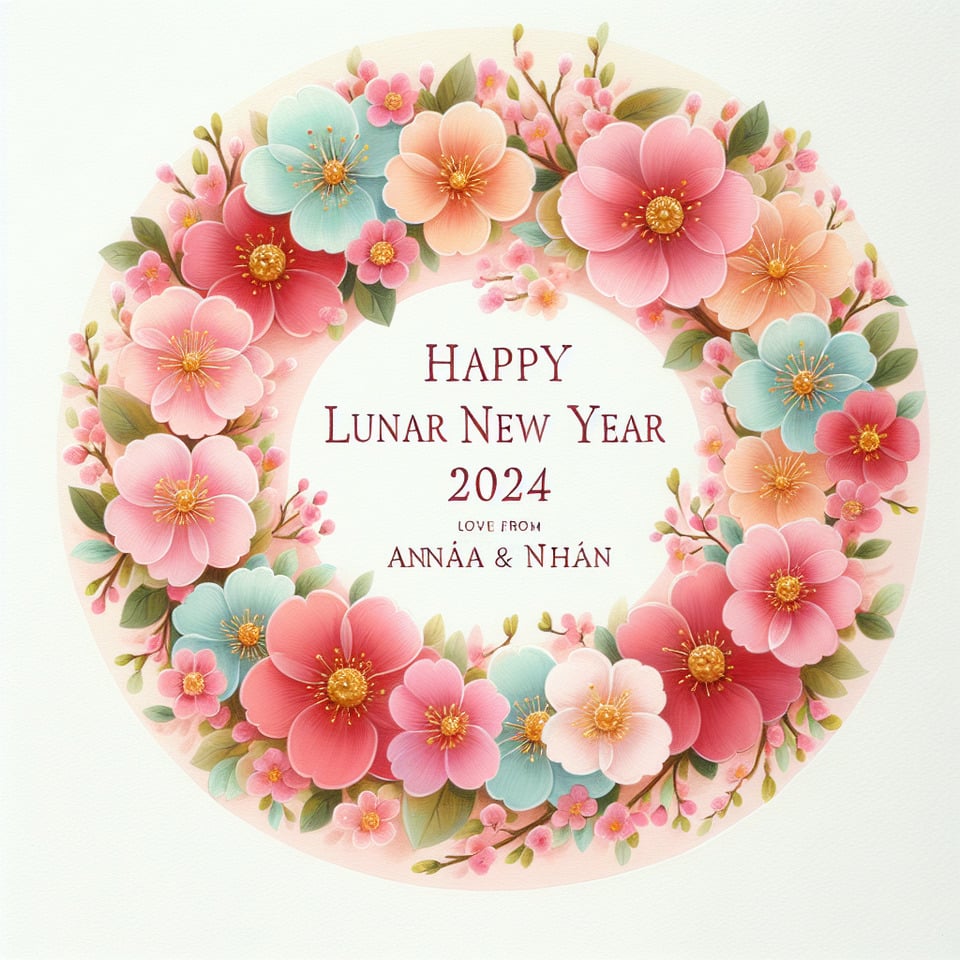 Text Happy Lunar New Year 2024 Love from Anna & Nhan inside a cherry blossom wreath pastel colour text effect image