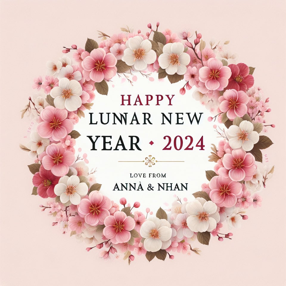 Text Happy Lunar New Year 2024 Love from Anna & Nhan text to be clear inside a cherry blossom wreath pastel colour text effect image