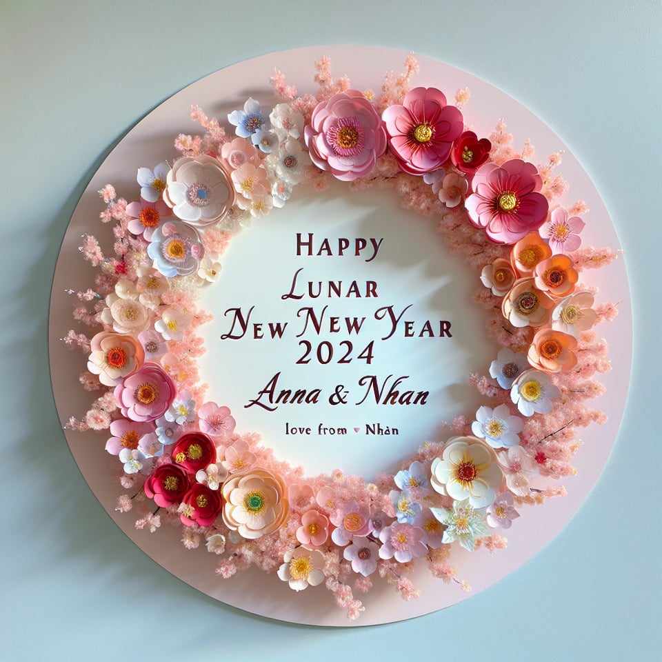 Text Happy Lunar New Year 2024 Love from Anna & Nhan text to be clear inside a cherry blossom wreath pastel colour text effect image