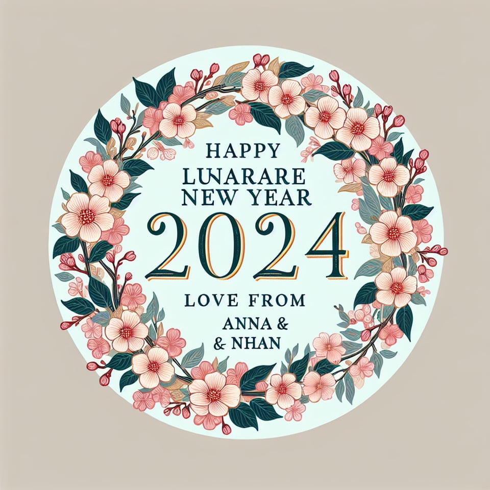Text Happy Lunar New Year 2024 Love from Anna & Nhan all text to be standout inside a cherry blossom wreath pastel colour text effect image