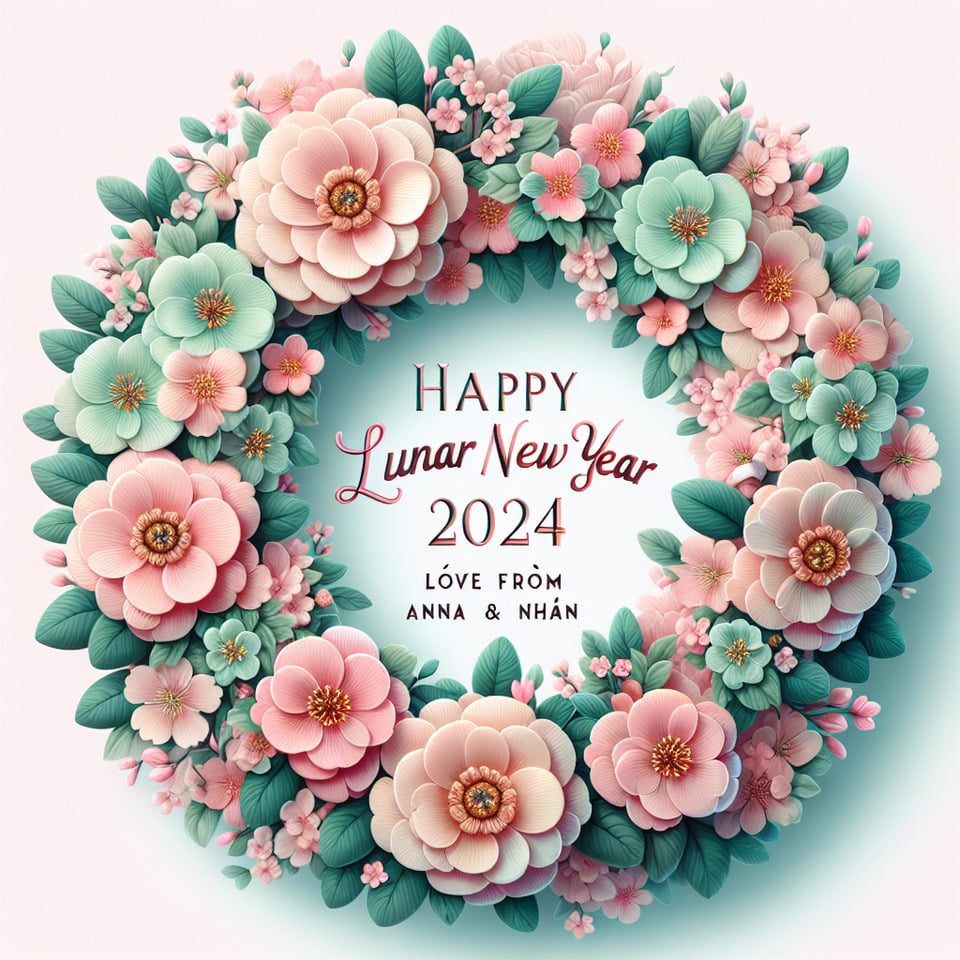 Text Happy Lunar New Year 2024 Love from Anna & Nhan all text to be standout inside a cherry blossom wreath pastel colour text effect image