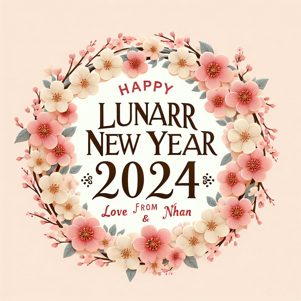 Text Happy Lunar New Year 2024 Love from Anna & Nhan all text to be standout inside a cherry blossom wreath pastel colour text effect image
