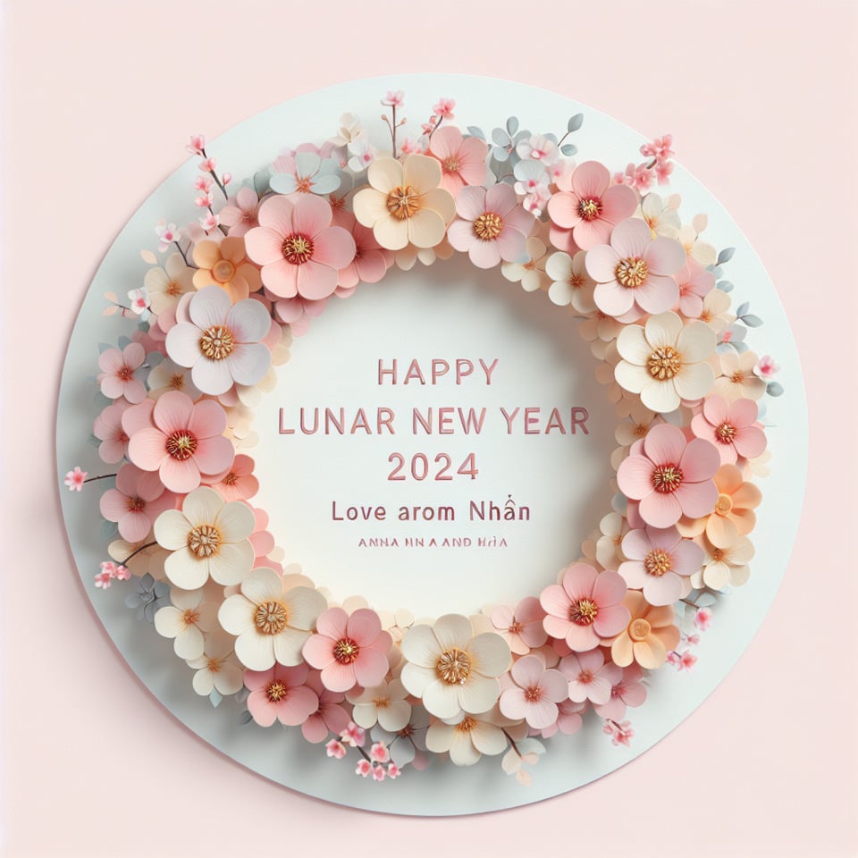 Text Happy Lunar New Year 2024 and Text Love from Anna and Nhan all text to be standout inside a cherry blossom wreath pastel colour text effect image