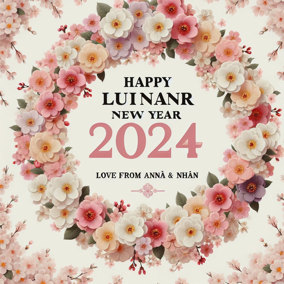 Text Happy Lunar New Year 2024 and Text Love from Anna and Nhan all text to be standout inside a cherry blossom wreath pastel colour text effect image