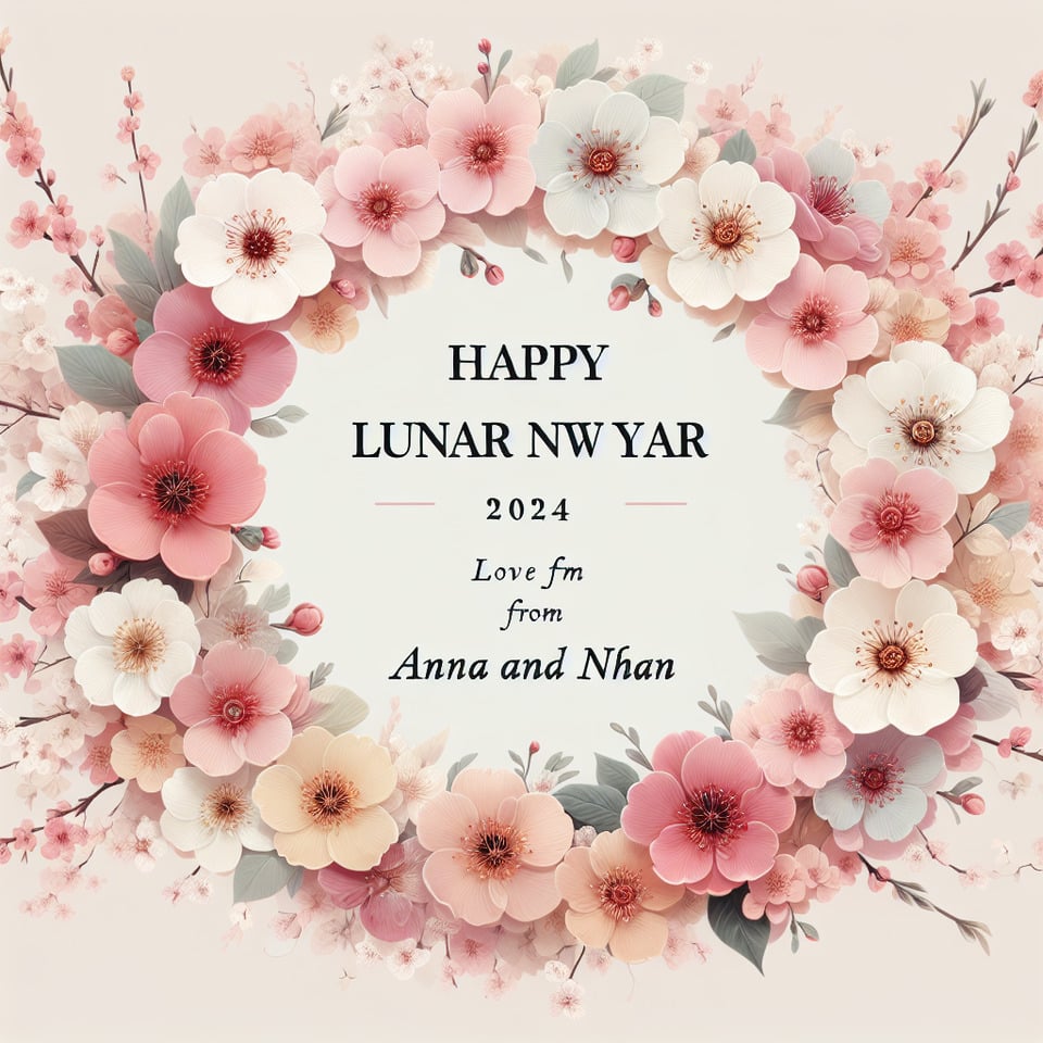 Text Happy Lunar New Year 2024 and Text Love from Anna and Nhan all text to be standout inside a cherry blossom wreath pastel colour text effect image