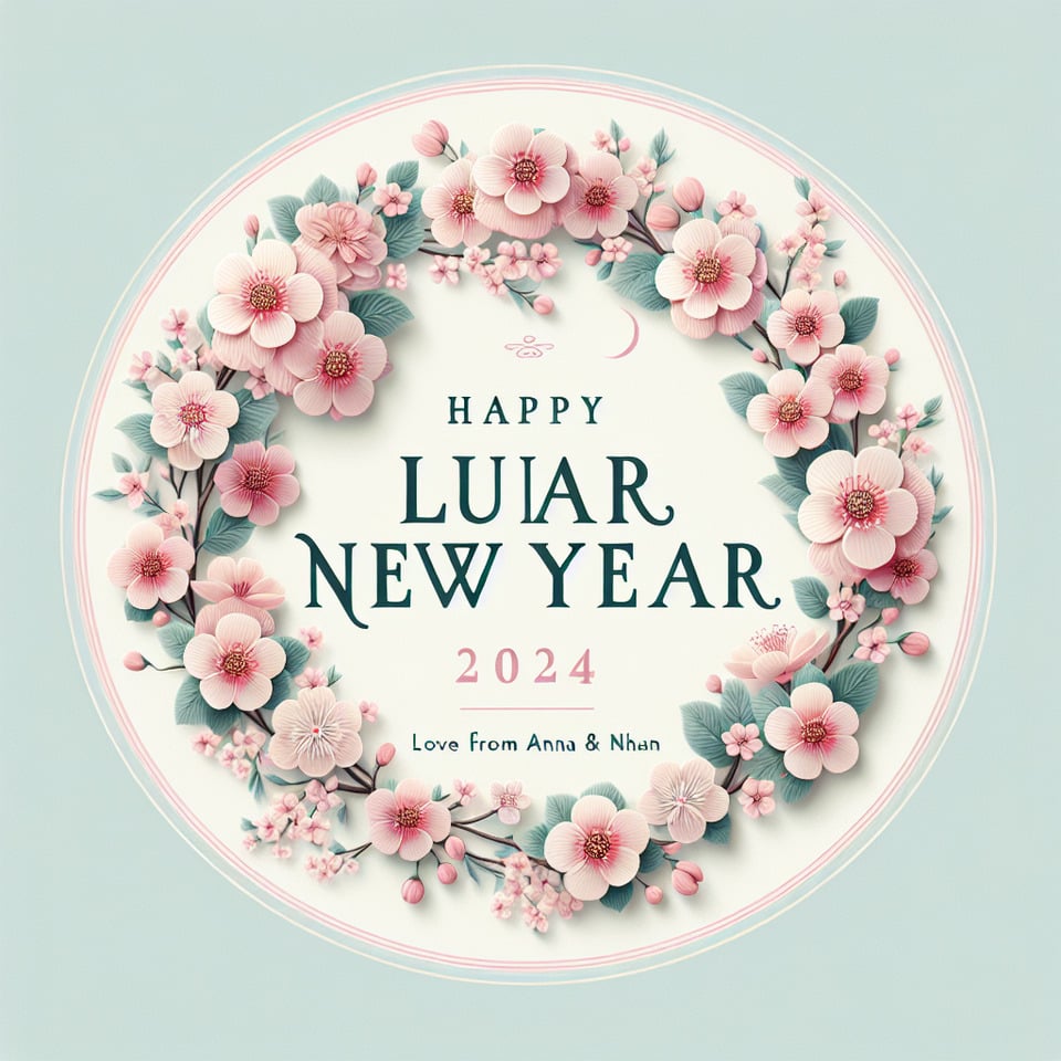 Text Happy Lunar New Year 2024 and Text Love from Anna and Nhan all text to be standout inside a cherry blossom wreath pastel colour text effect image