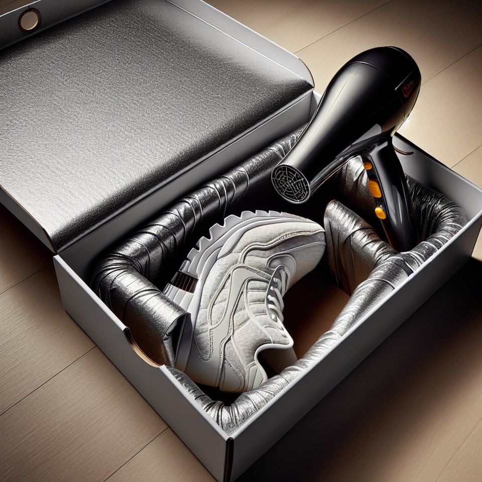 product called SwiftDry Shoe Saver which is getting designed using a reusable empty shoe boxusing silver linings inside the box for heat reflection using hair dryer text effect image