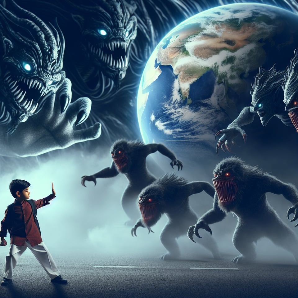 A young boy save Earth is attacted demons cinematic text effect image