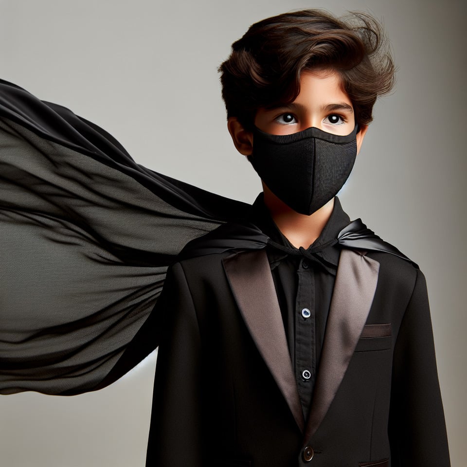 A young boy super costume are backed up flying fabric cap jacket and face cover with mask black and stylish design fabric he put cinematic text effect image