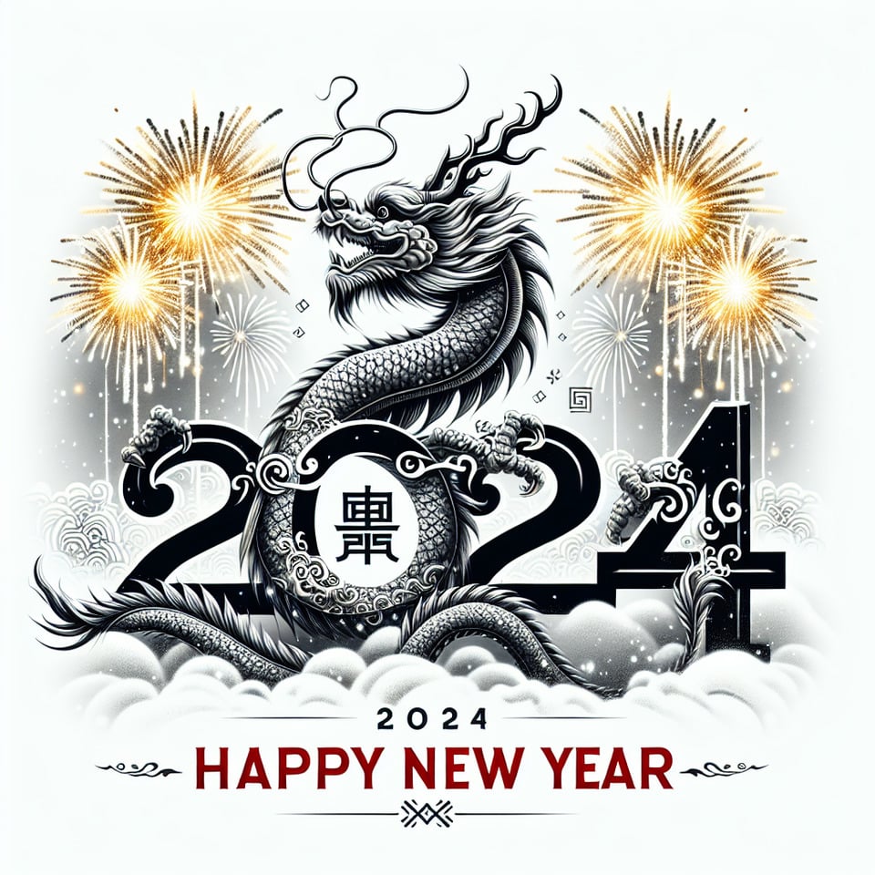 Happy new year text 2024 lettering with fireworks on white background  中國年  龍 text effect image