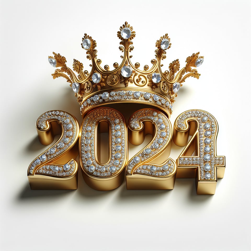 text 2024 golden luxury text effect with crown and diamond on white background text effect image