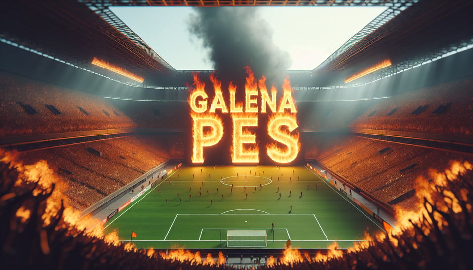 Text GALENA PES ON FIRE IN FOOTBALL STADUIM3d render text effect image