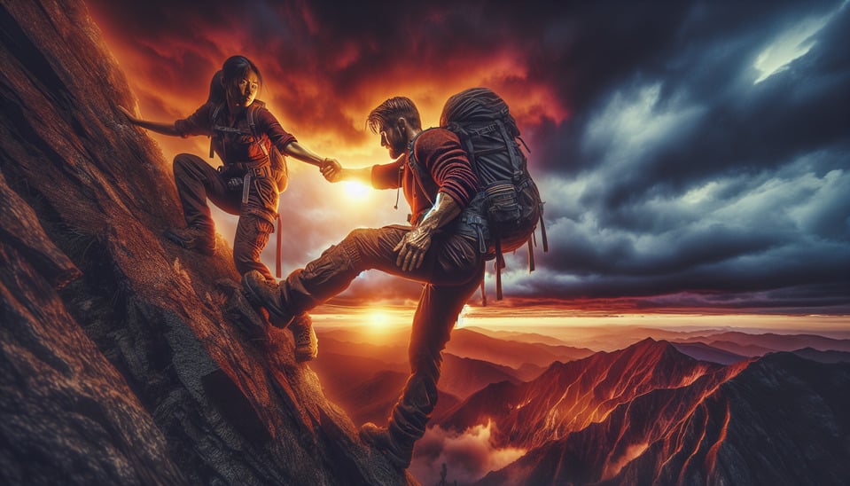 Hiker helping friend reach the mountain topTerrible situationsunset backgroundphoto text effect image
