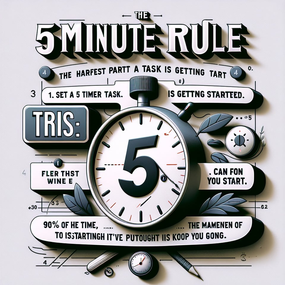 1. The 5-Minute Rule,,The hardest part of a task is getting started.,,Try this:,,1. Set a timer for 5 minutes,2. Work on the task you've put off,3. After 5 minutesyou can stop (if you want),,90% of the timethe momentum of starting is enough to keep you going. text effect image