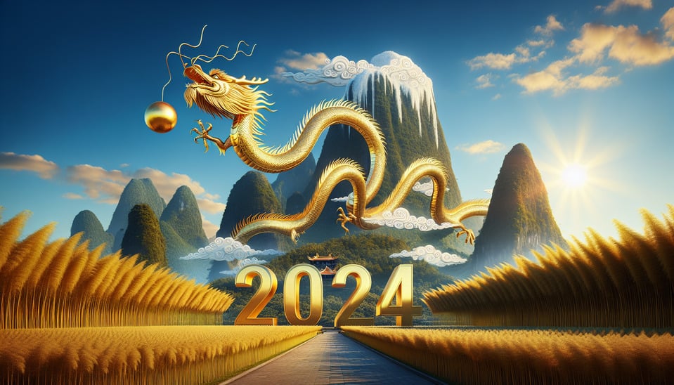 The beautiful two-thousand-two-four-meter-long golden dragon sparkles with its mouth holding a sparkling round pearlflying winding into the number 2024 around the clear blue skythe majestic mountainthe most Pan Xi Pang in Vietnamwith straight rows of green and yellow bamboo. Absolutely beautiful. text effect image