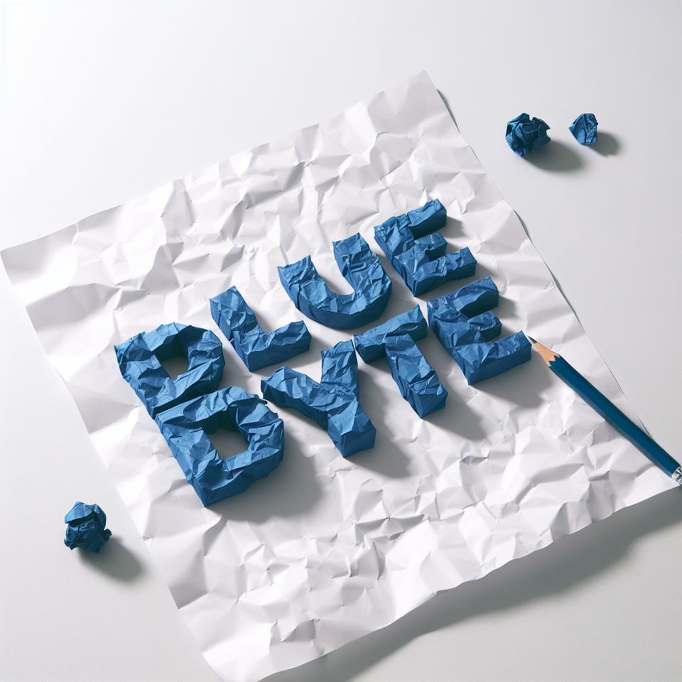 WRITE BLUEBYTE BY CRANCHING A WHITE PAPER ON A WHITE BACKGROUND text effect image