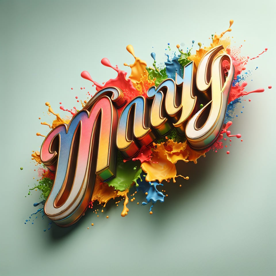 Text mariya colorful splash 3d text in goldsilver plate and background colorcinematictypography3d renderpostercinematictypography3d renderposter text effect image