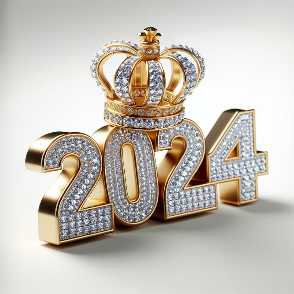 text 2024 golden luxury text effect with crown and diamond on white background3d render text effect image