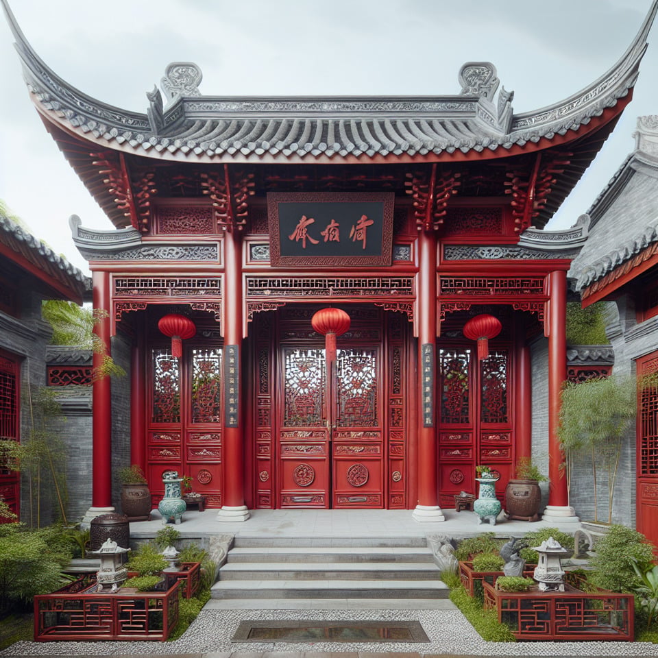 閩式三合院木製紅色大外 text effect image