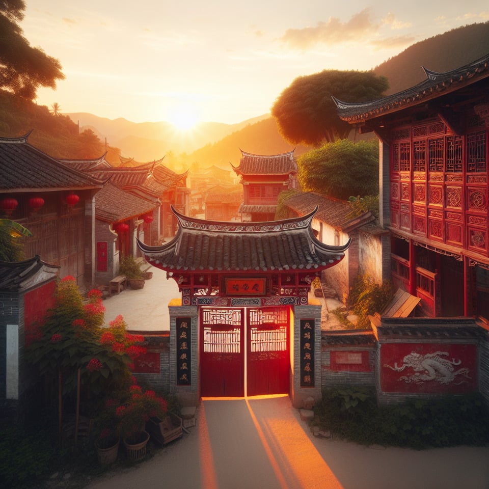 夕陽下閩式三合院木製紅色大門外的風景 text effect image