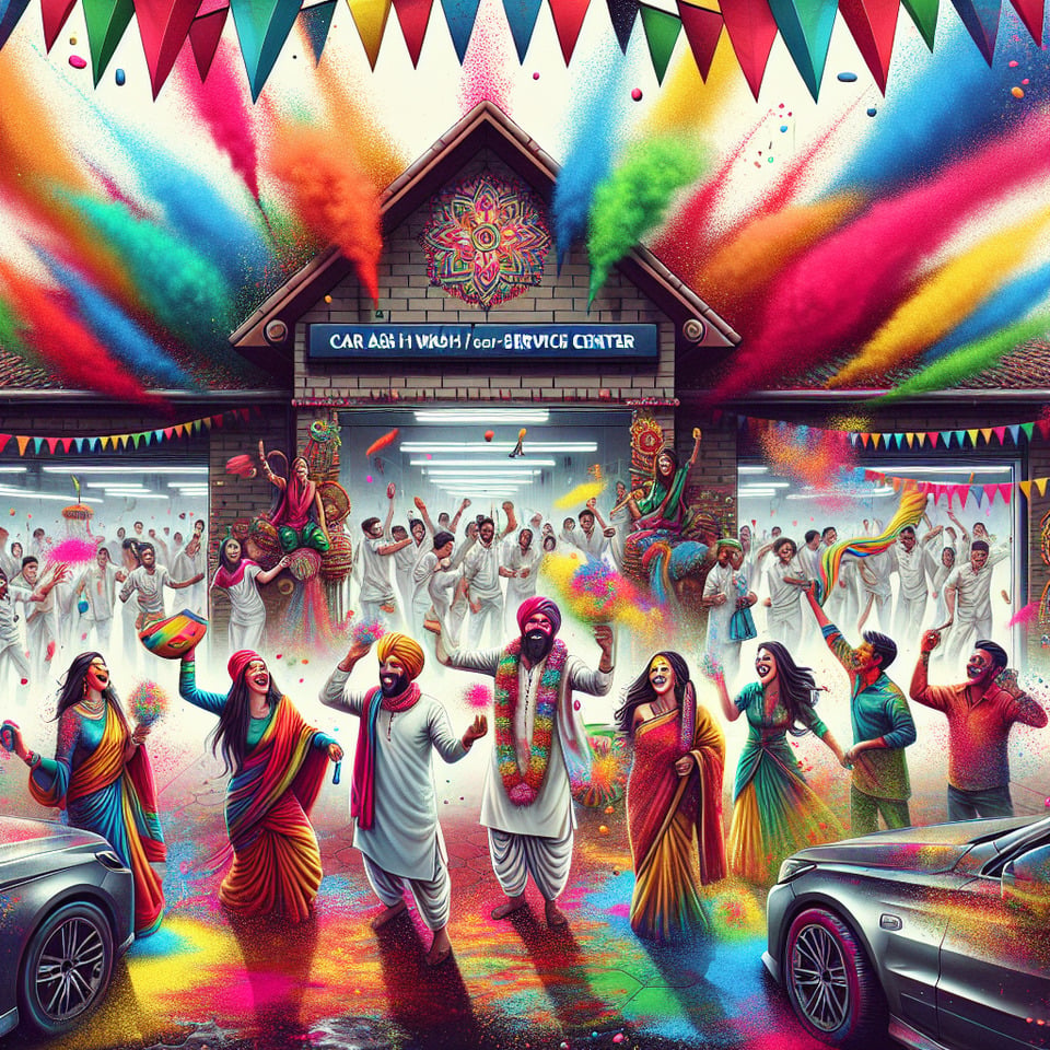 [Poster Image: A vibrant scene depicting a joyful Holi celebration with people throwing colorful powder (gulal) in the airdancingand laughing. In the backgroundour car wash/service center is adorned with festive decorations and splashes of bright colors.],,Title: Celebrate Holi with Sparkling Cars at [Your Car Wash/Service Center Name],,[At the top of the posterprominently displayed],,Embrace the Colors of Holi: Join us for a festive car wash experience that celebrates the spirit of Holi!,,Splash of Happiness: Let's add a splash of color to your car and your celebrations this Holi season.,,Revive the Shine: Leave the cleaning to us while you enjoy the festivities. We'll make sure your car shines brighter than ever before!,,[At the center of the postera high-resolution image of our car wash/service center decked out in colorful decorationswith cars being washed and dried by our enthusiastic staff members.],,[In the foregrounda group of people joyfully celebrating Holisurrounded by bursts of colorful powder and water balloons.],,[At the bottom of the posterdisplayed prominently],,Festive Special: Enjoy special Holi discounts and offers at [Your Car Wash/Service Center Name]. Make your reservation today!,,Convenience & Quality: Our expert team ensures a thorough cleanso you can focus on celebrating with loved ones.,,Spread the Joy: Share the happiness of Holi with a sparkling clean car from [Your Car Wash/Service Center Name].,,[Contact Information and Logo: Displayed at the bottom of the posterincluding the addressphone numberwebsiteand social media handles of your car wash/service center.],,[Color Scheme: Use a vibrant and eye-catching color palette inspired by the hues of Holiincluding bright redsgreensbluesyellowsand pinks.],,[Overall Design: Create a visually appealing poster that captures the festive spirit of Holi while highlighting the convenience and quality of our car wash/service center. Incorporate elements of traditional Holi celebrations to resonate with the target audience and evoke feelings of joytogethernessand celebration.] text effect image