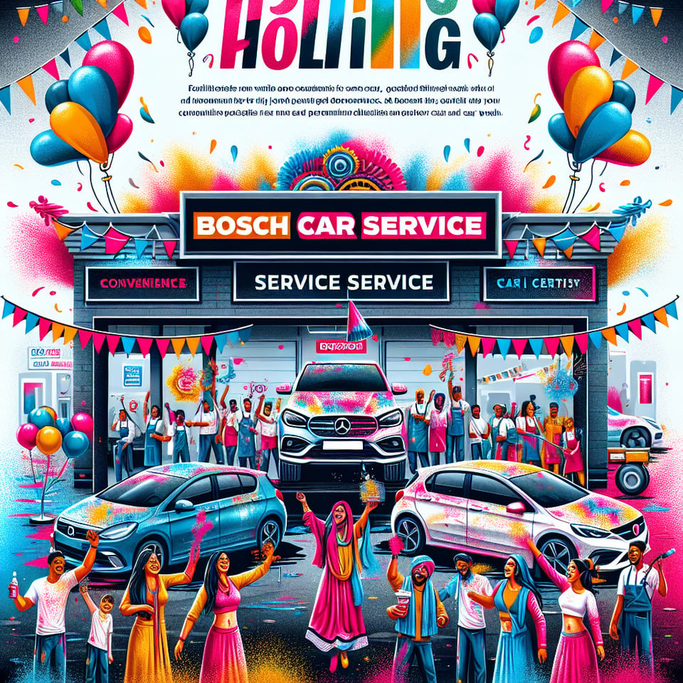 Title: Celebrate Holi with Sparkling Cars at Bosch Car Service,,At the top of the posterbold text invites viewers to embrace the colors of Holi with Bosch Car Service. A vibrant image showcases our service center adorned with festive decorationswith cars being expertly washed by our dedicated team.,,In the foregroundjoyful revelers throw colorful powder and water balloonscapturing the essence of Holi's celebration. Beneath the imageprominent text announces special Holi discounts and offers at Bosch Car Serviceencouraging viewers to make their reservations today.,,Highlighted below are the convenience and quality customers can expectemphasizing how our expert team ensures a thorough clean while they enjoy the festivities. Finallycontact information and the Bosch Car Service logo are displayed at the bottomcompleting the poster's design. text effect image