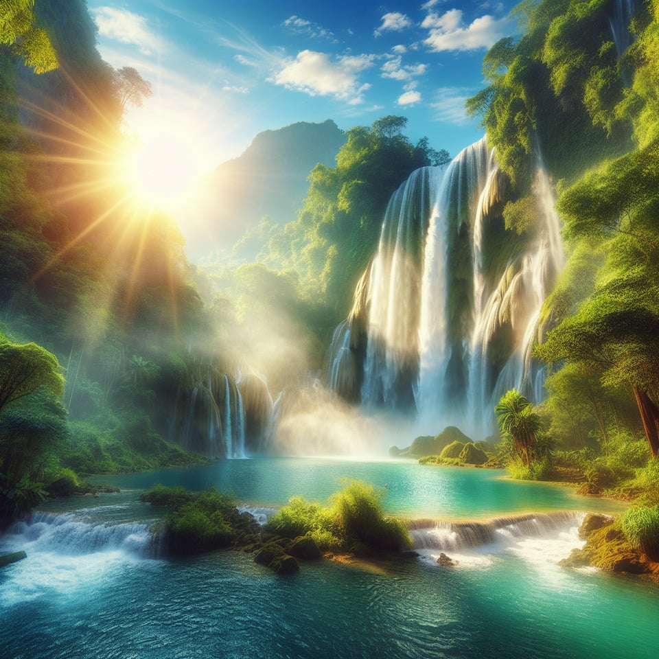 beautiful relaxing dreaming sunny waterfall scenery background text effect image