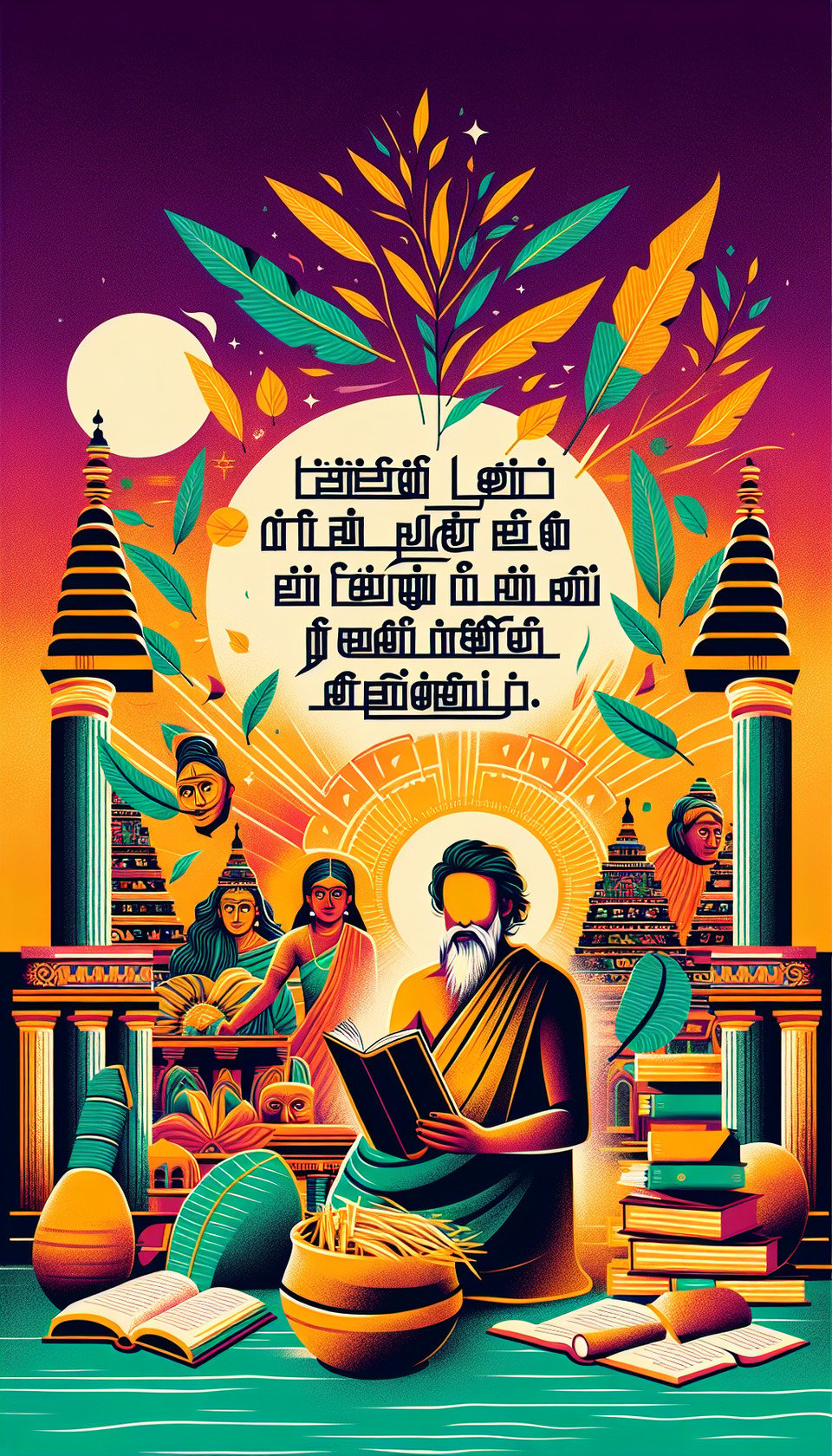 Show this text in the poster கோளில் பொறியில் குணமிலவே எண்குணத்தான்,தாளை வணங்காத் தலை.. Add some relevant images from Tamil languagecultureThiruvalluvar and Thirukkural in the background.typography text effect image