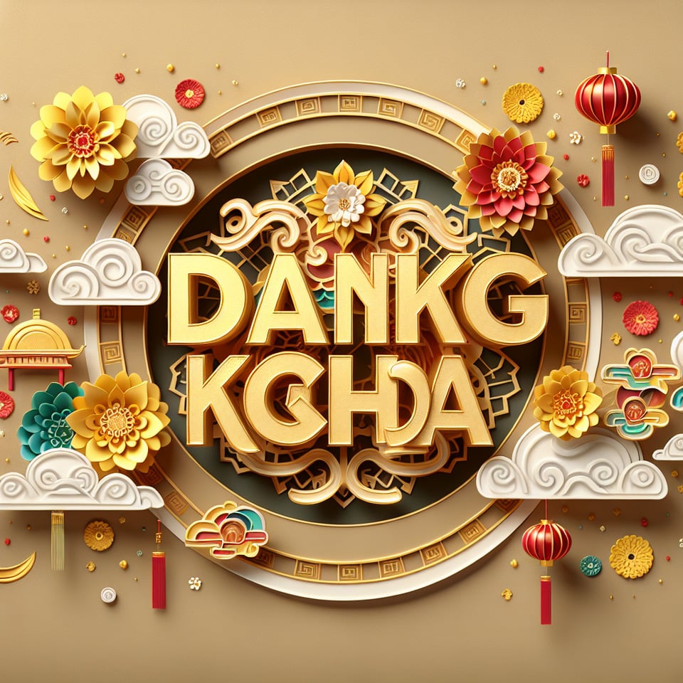 文字「DANG KHOA」豪華文字效果,中國剪紙風3D背景,金色與紅色細膩畫風,有雲彩,天燈,花朵,煙火,彩帶 text effect image
