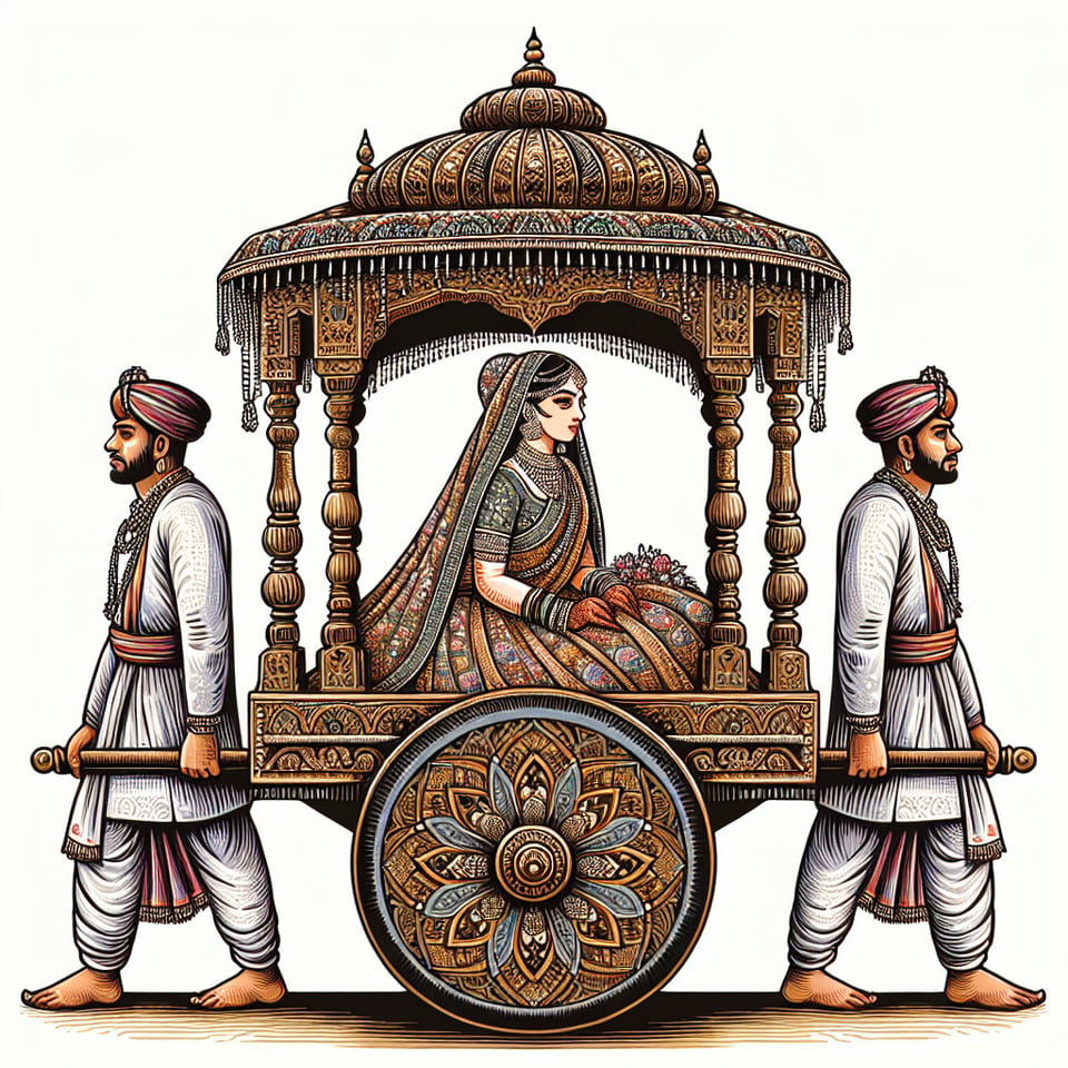 palki with a bride sitting inside it with face towards the side of palki and two man are carrying palki from both the endsillustration text effect image