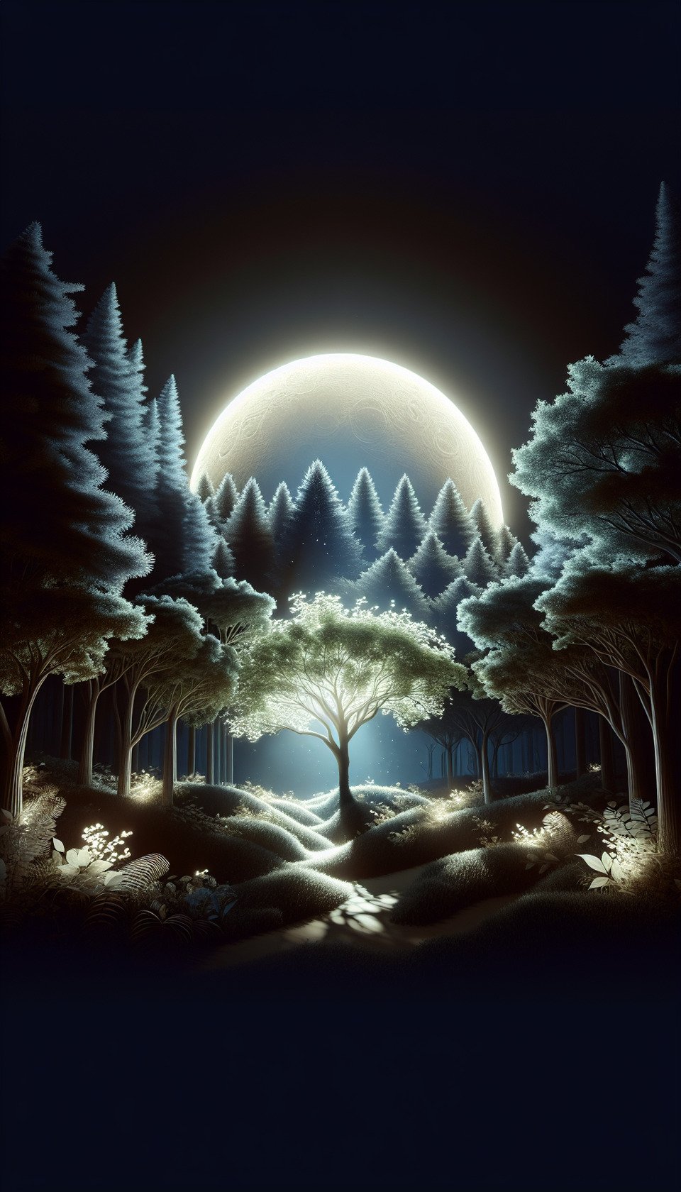 A forest night scene which has a moon in a center and surrounded by beautiful trees which gave it a brilliant lookillustration3d renderphoto text effect image