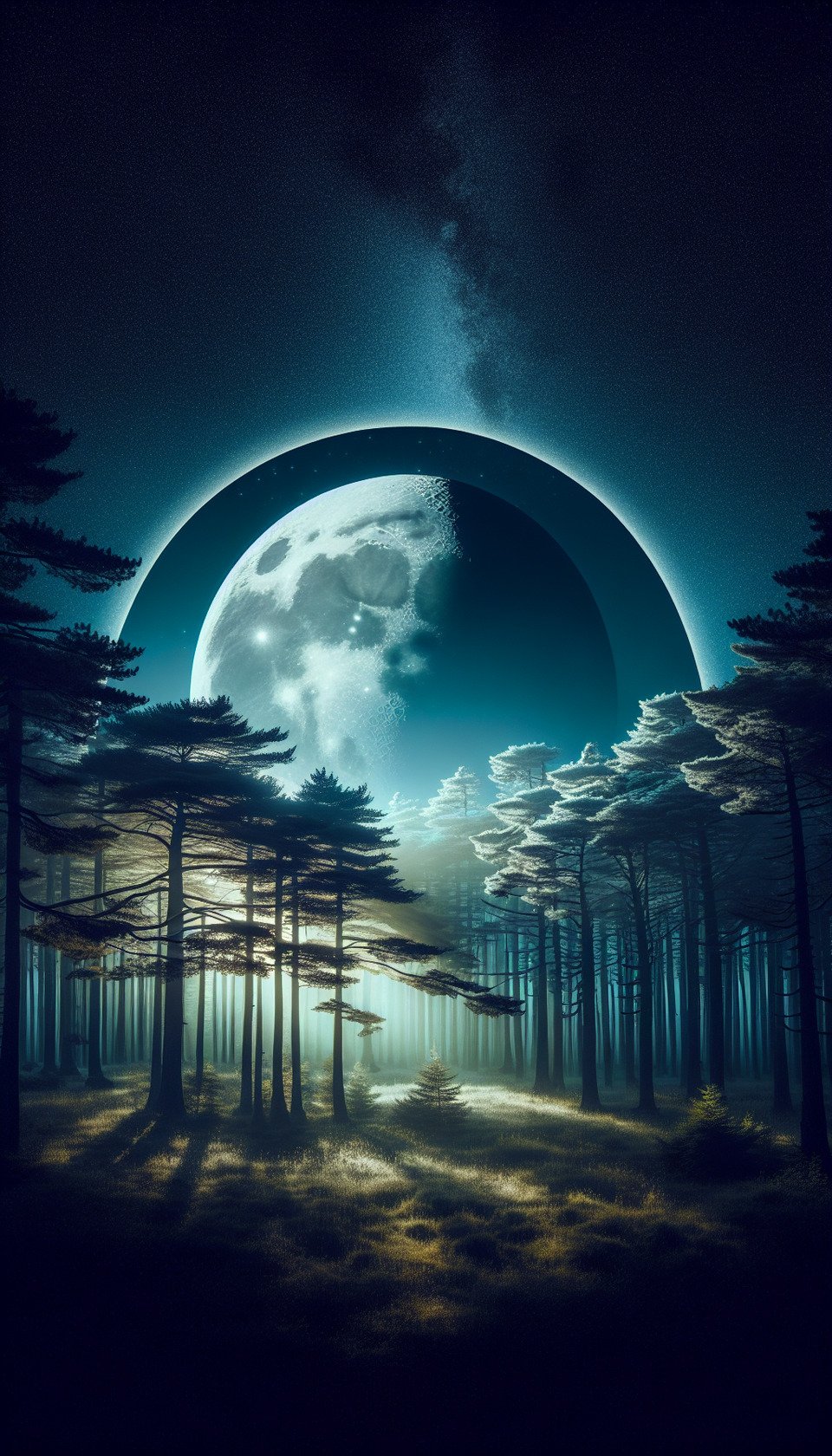 A forest night scene which has a half moon night and moon in a center  and surrounded by beautiful trees which gave it a brilliant lookphotoillustration text effect image