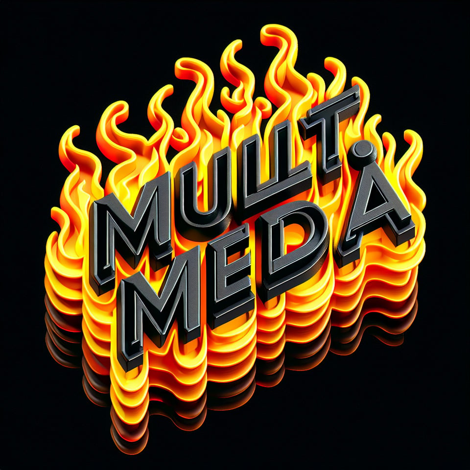 MULTIMEDIA written in black 3D font with firry yellow outline and fire coming out text effect image