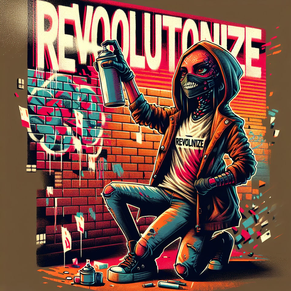 Conceptualizing a T-shirt text design using digital illustration inspired by Banksy's graffiti art. A rebellious figure spraying bold typography on a brick walldepicting the phrase Revolutionize in vibrant hues. Warm color temperature enhances the intensitywhile the character's smirk exudes confidence. Soft overhead lighting casts dramatic shadowscreating an atmosphere of urban defiance. --v 5 --stylize 1000,uglytilingpoorly drawn handspoorly drawn feetpoorly drawn faceout of framemutationmutatedextra limbsextra legsextra armsdisfigureddeformedcross-eyeBody out of frameBlurryBad artBad anatomyBlurredWatermarkGrainyDuplicate text effect image