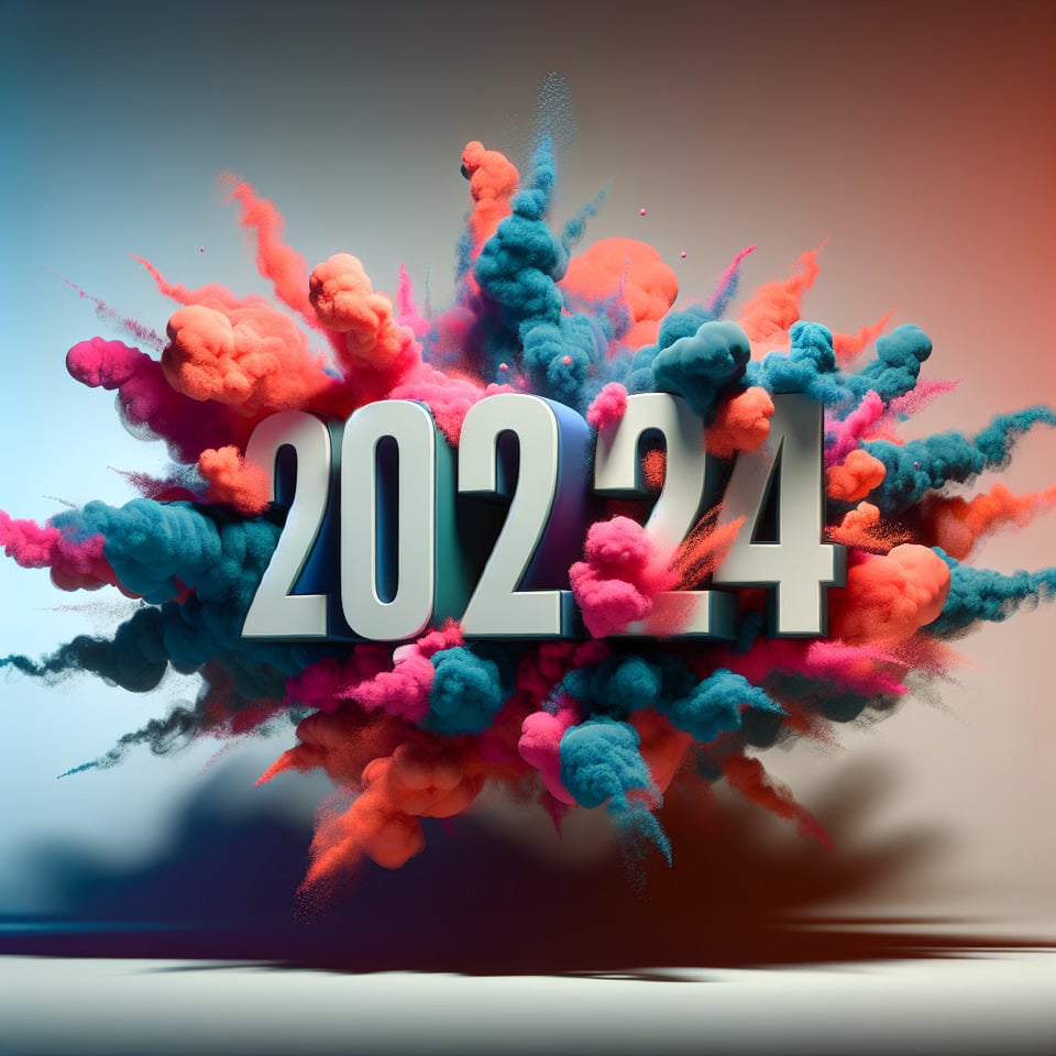 Text 2024 colorful splash 3d text and smoky background3d render text effect image