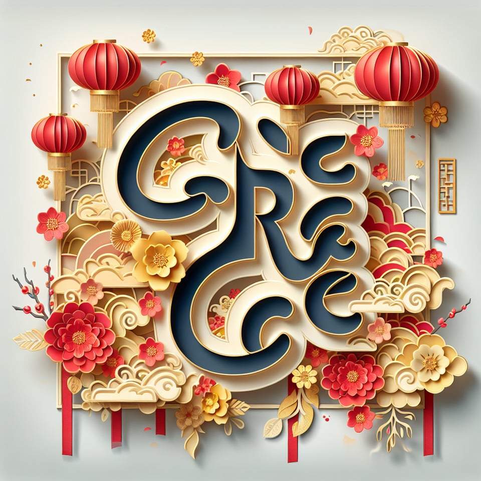 文字「GRACE」豪華文字效果,中國剪紙風3D背景,金色與紅色細膩畫風,有雲彩,天燈,花朵,煙火,彩帶 text effect image