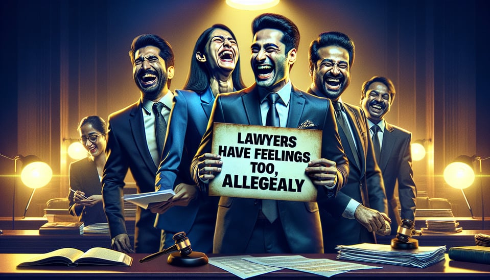 INDIAN LAWYERS LAUGHING WHILE SAYING LAWYERS HAVE FEELINGS TOOALLEGEDLYpostercinematicproduct text effect image