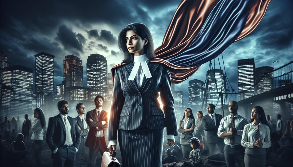 INDIAN LAWYER AS A SUPERHERO WHO IS SHIELDING INNOCENTS FROM POLICE cinematicproductposter text effect image