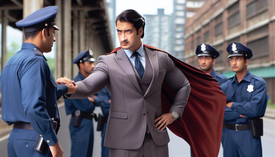 INDIAN MALE LAWYER AS A SUPERHERO WHO IS SHIELDING INNOCENTS FROM POLICE cinematicproductposter text effect image