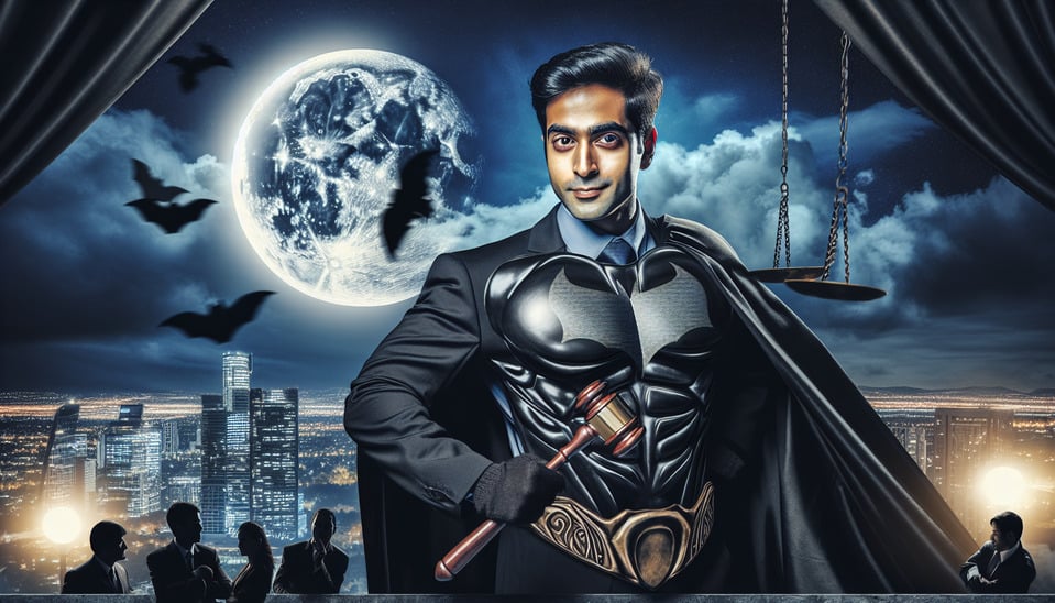 INDIAN MALE LAWYER AS A SUPERHERO WHO IS A DARK KNIGHT SHIELDING INNOCENTS FROM INDIAN POLICE cinematicproductposter text effect image