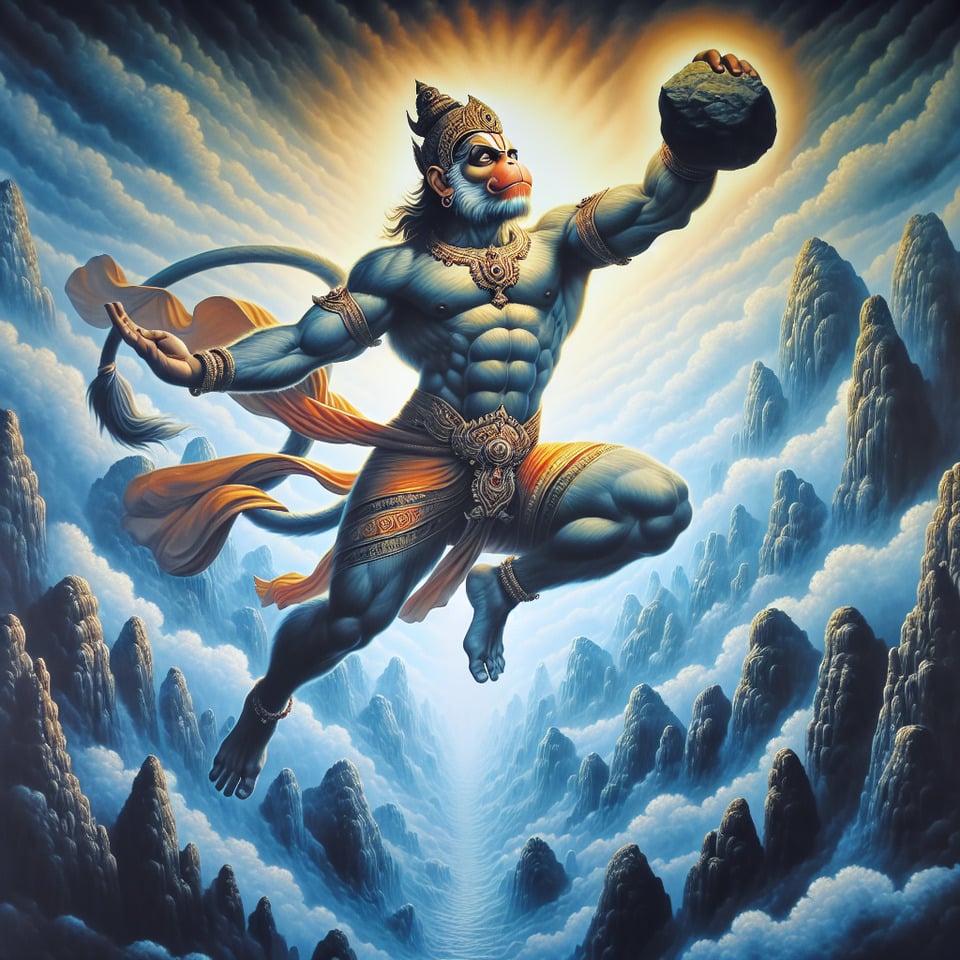 In the realm of imaginationLord Hanuman emergeshis form depicted in the sacred textssoaring through the skies with a mountain clasped firmly in his hand. Though words paint the picturethe imagery is vivid: Hanumanjithe epitome of strength and devotiondefies the laws of nature as he traverses the heavens. This iconic sceneetched in the annals of mythologyinspires awe and reverencesymbolizing the triumph of faith over earthly obstacles. text effect image