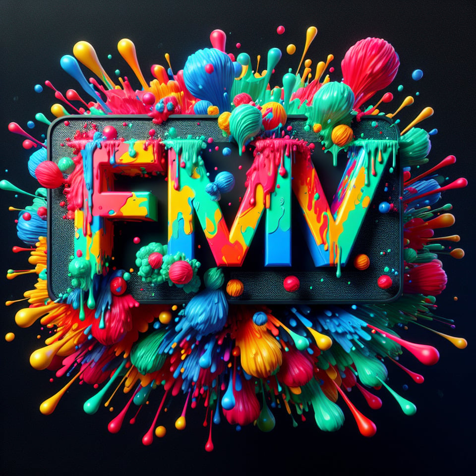 文字「FMTV」彩色飛濺 3d 文字和煙火背景 text effect image