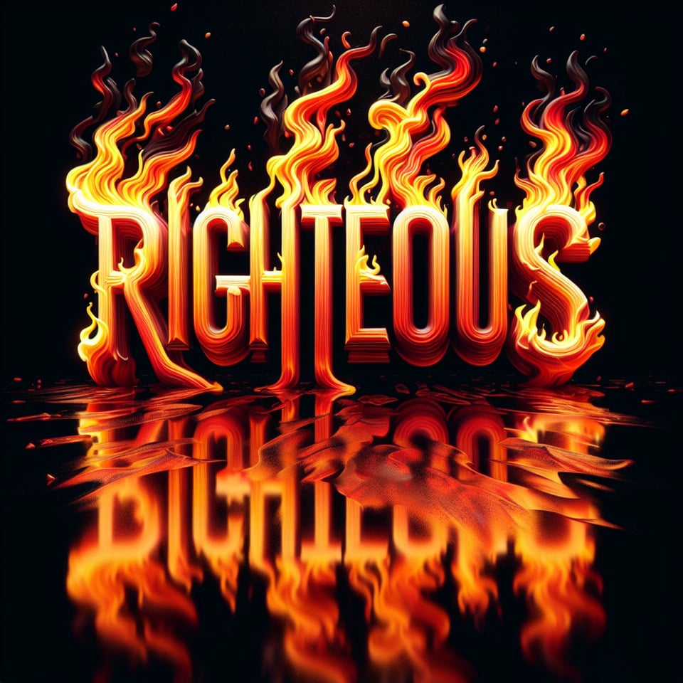 Make a 3D picture of the word RIGHTEOUS with burning style and mirror reflection  text effect image