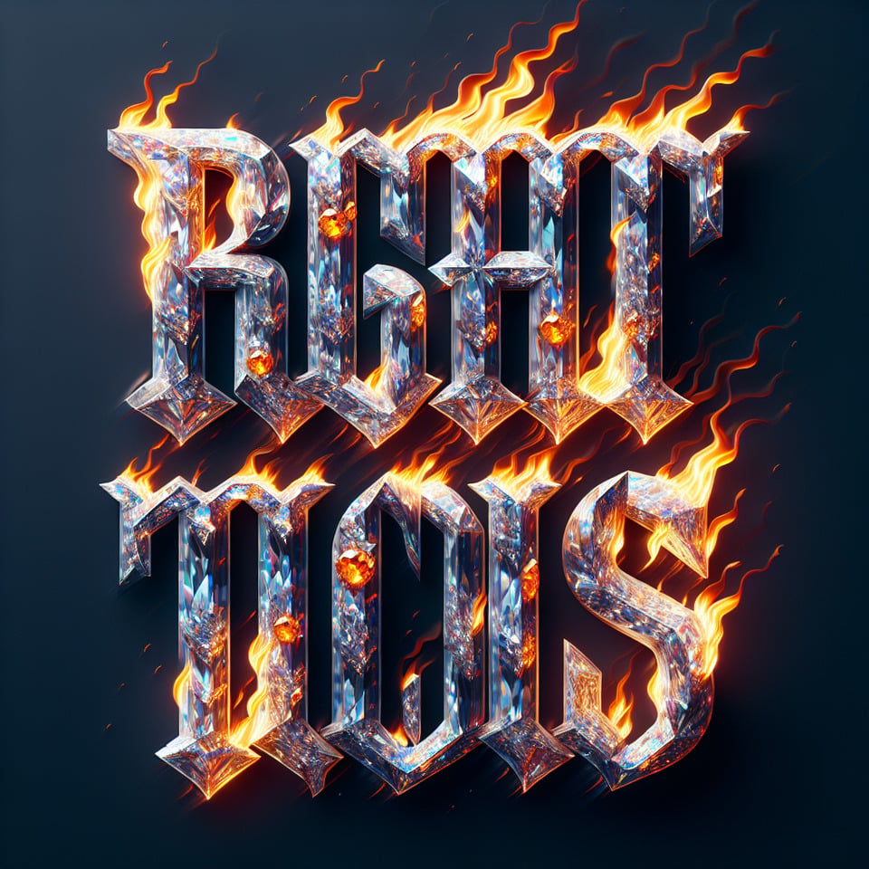 Make a 3D picture of the word RIGHTEOUS with diamond letters and burning style text effect image