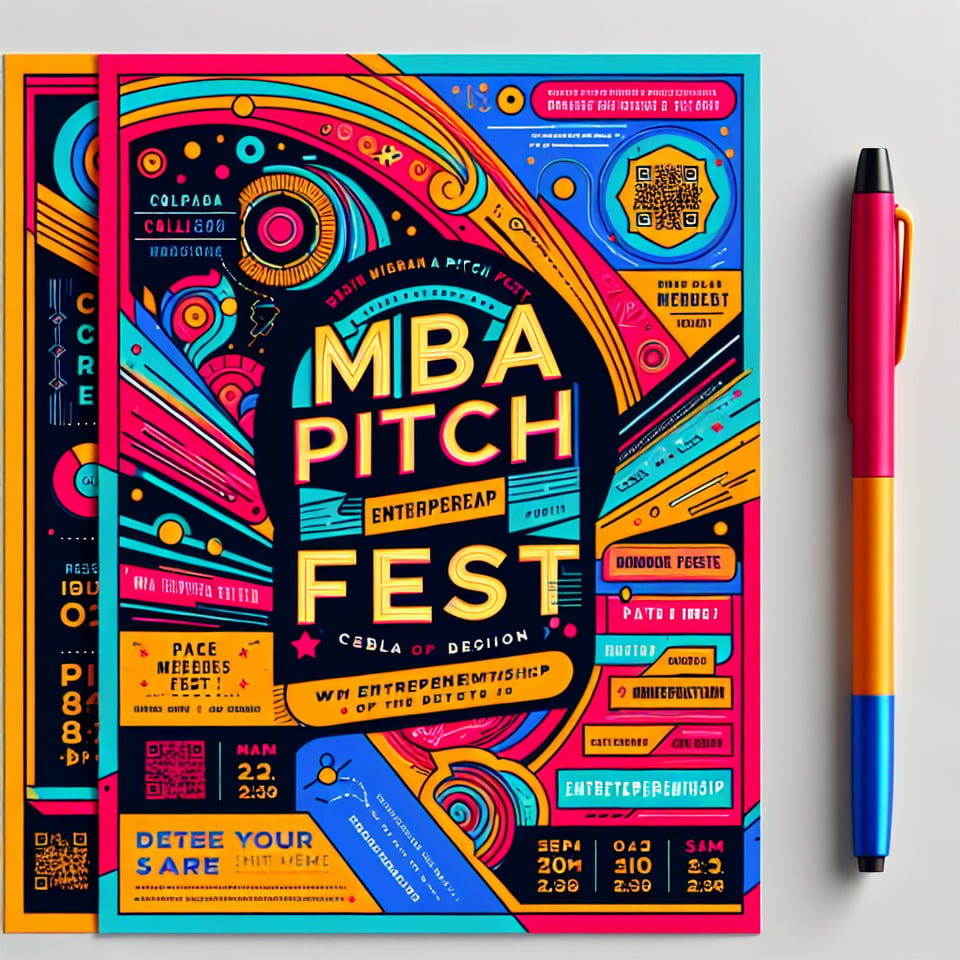 Text mba pitch fest create an pamplet for the MBA Pitch fest with attractive clours add a scan qr space add date time add a quote relate to title add college name poster text effect image