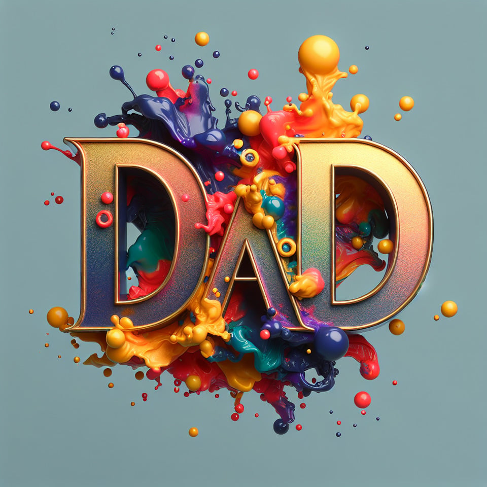 Text DAD colorful splash 3d text in goldsilver plate and background colorcinematictypography3d renderposter text effect image