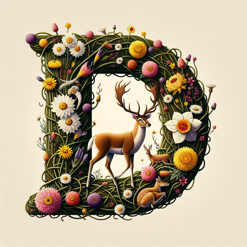 typography of alphabet D that include dandelions daffodils daisy deer  text effect image